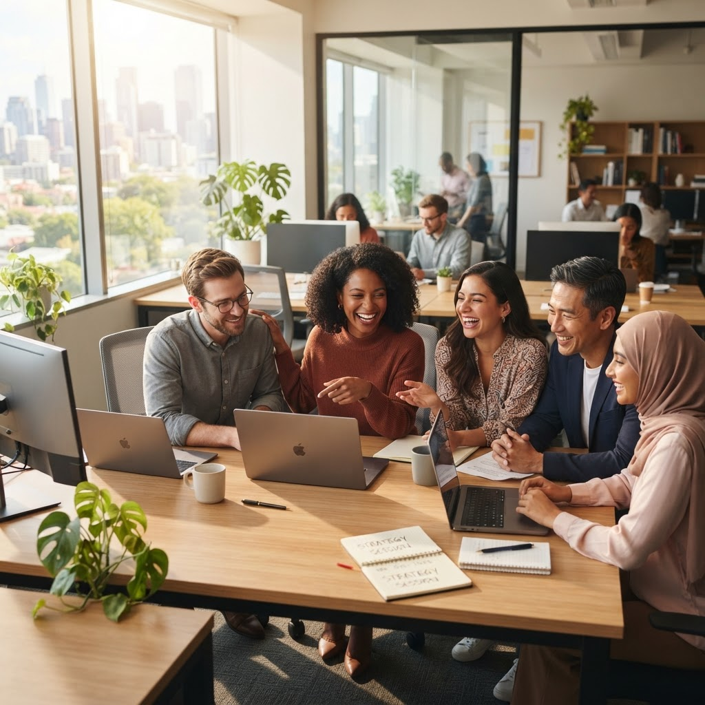 Muenot team collaborating in a bright modern office