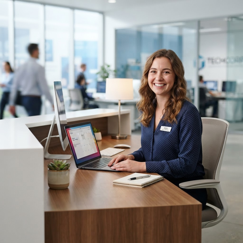 Friendly receptionist welcoming visitors at the Muenot office front desk