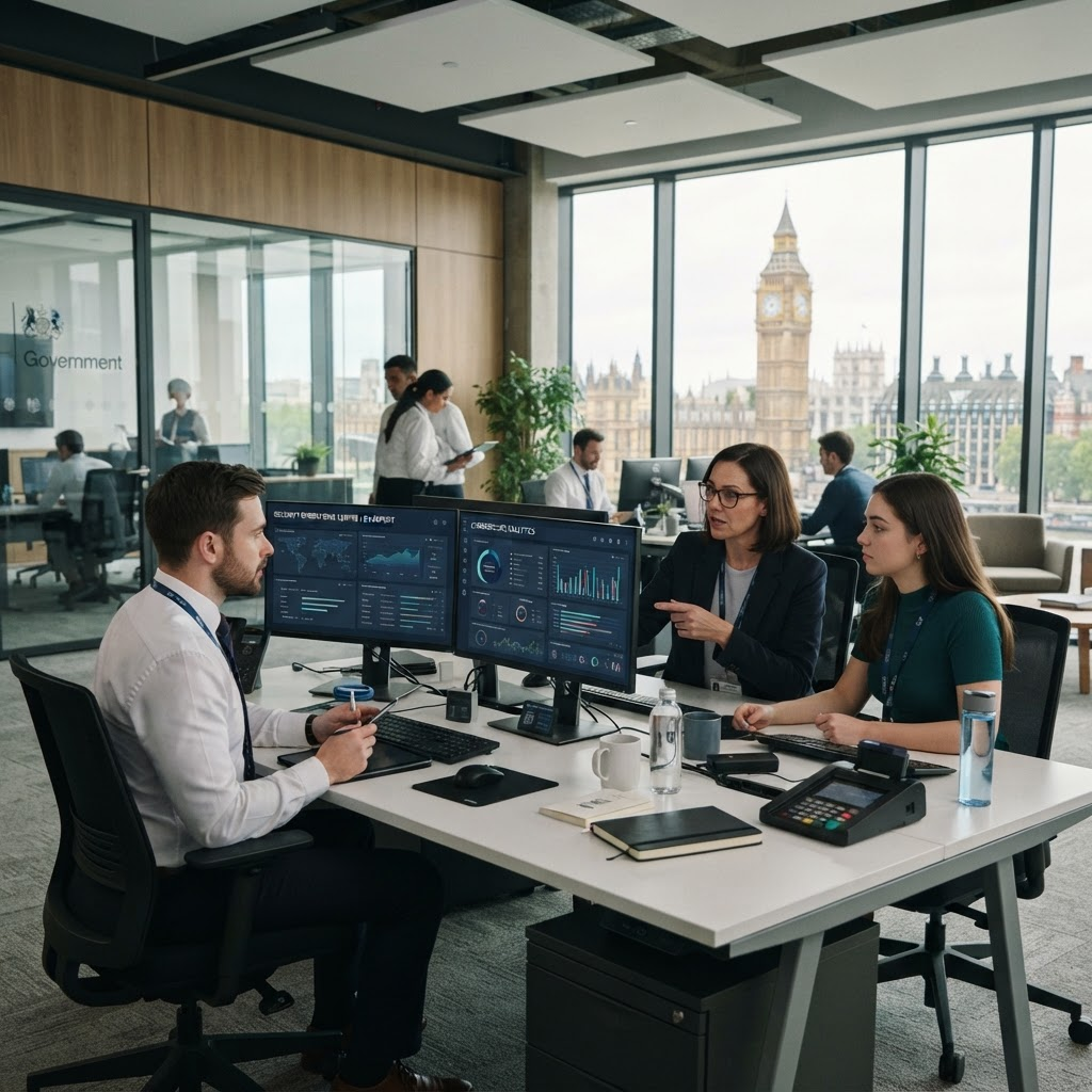 Public sector professionals reviewing data on secure workstations