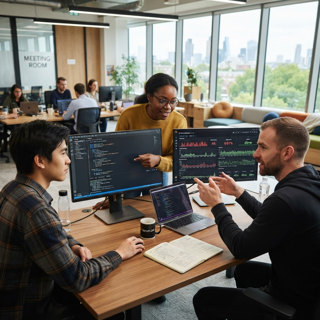 Software engineering team collaborating on dashboards in a modern tech office