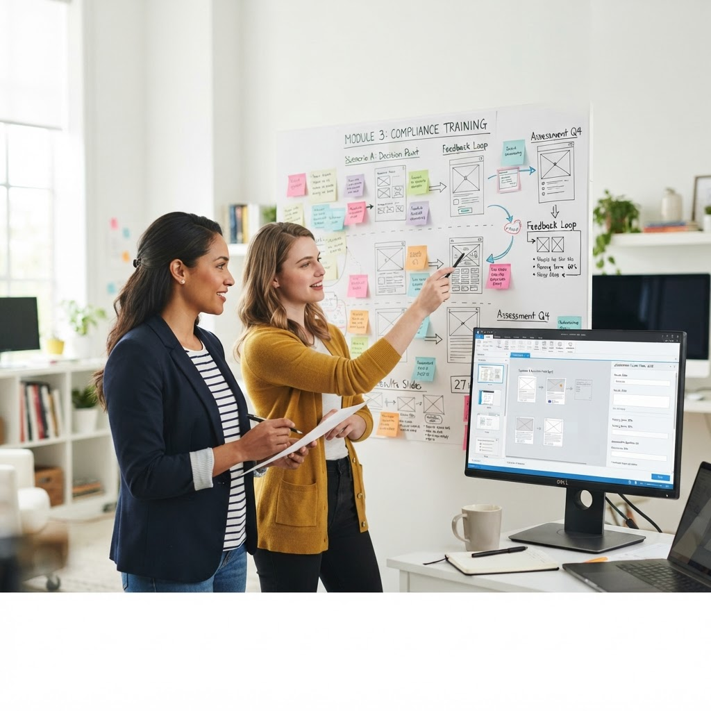 Instructional designers reviewing an e-learning course storyboard on a monitor