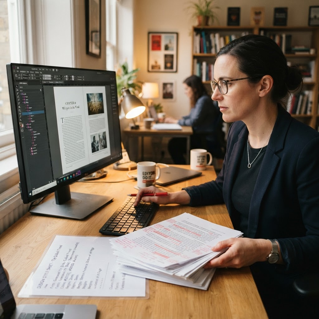 Editor reviewing printed page proofs beside a book layout screen