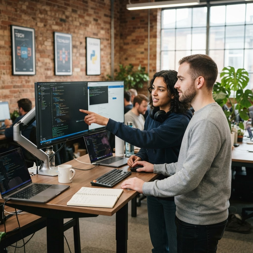 Software engineers pair programming at a standing desk